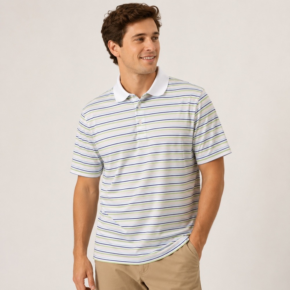 IZOD Mens L White Striped Perform-X Golf Short Sleeve Polo Shirt Preppy Sporty
